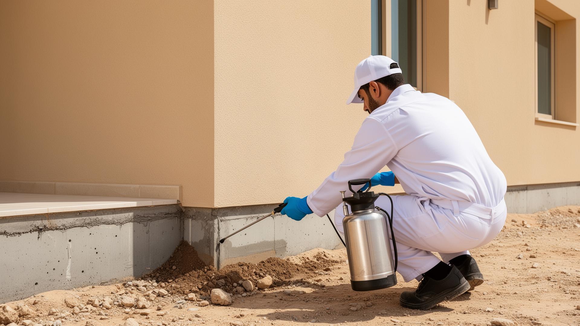 Cleanox technician applying termite treatment and foundation protection in a Riyadh home